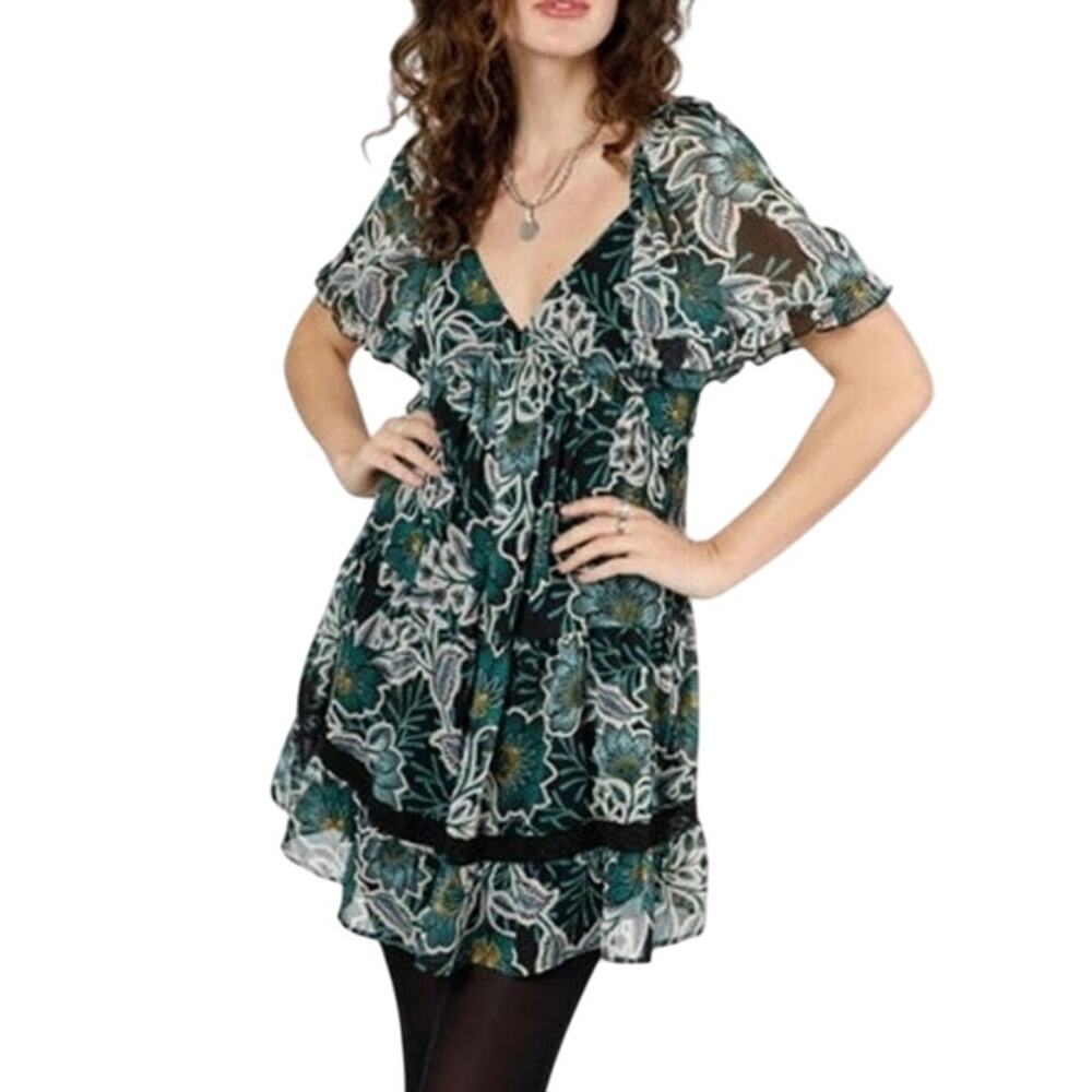 Band of the Free Tiered Floral Mini Dress Black Medium NWT
